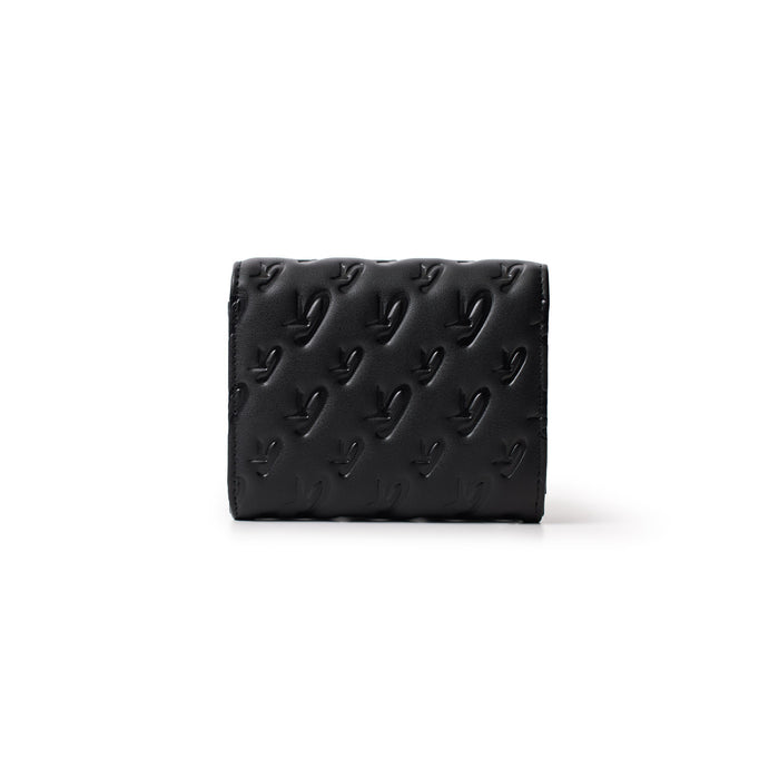 Black Monogram Gunmetal Compact Wallet with embossed logo pattern, compact design, and gunmetal accents.