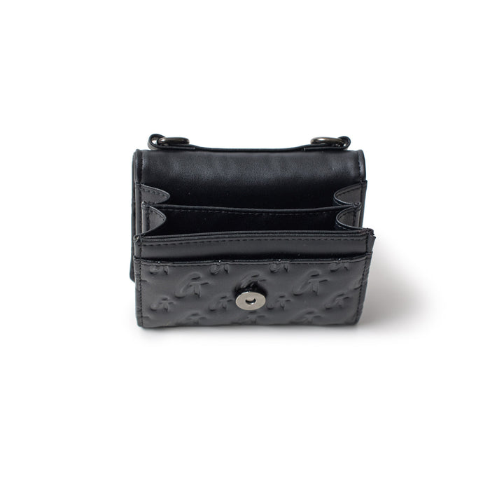 Black Monogram Gunmetal Compact Wallet with embossed logo pattern, multiple card slots, and a secure snap closure.