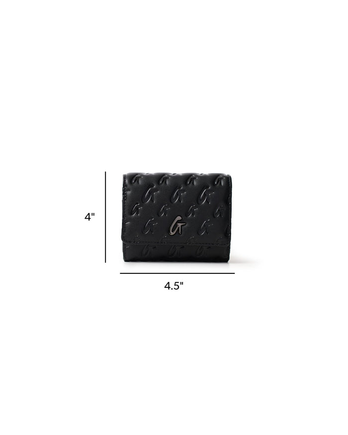 Compact black wallet on chain featuring a monogram design and gunmetal accents, measuring 4 by 4.5 inches.