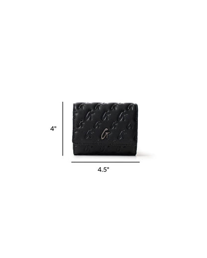 Compact black wallet on chain featuring a monogram design and gunmetal accents, measuring 4 by 4.5 inches.