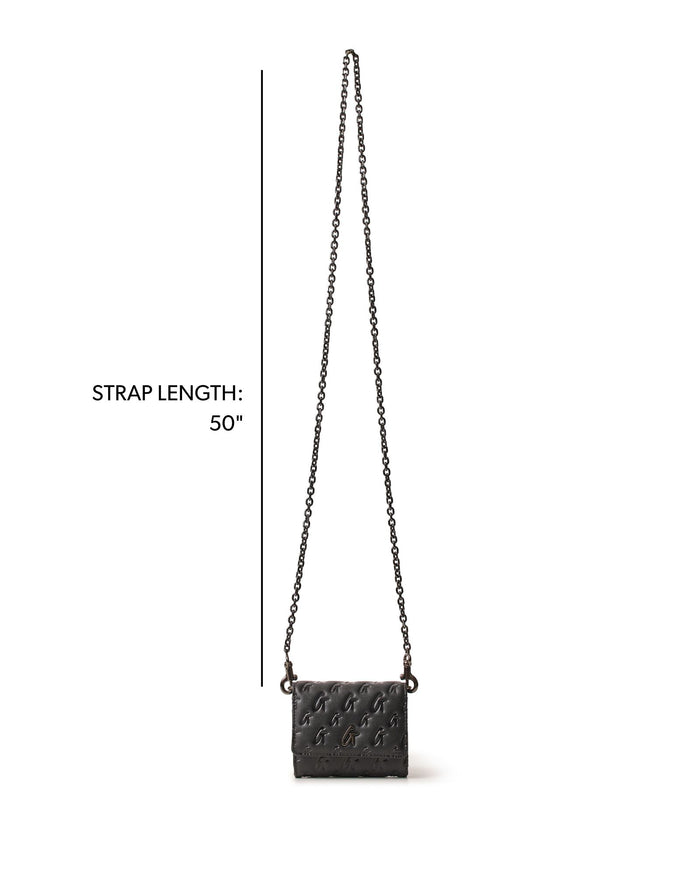 Black monogram gunmetal compact wallet on a chain with a 50-inch strap, perfect for stylish, hands-free convenience.