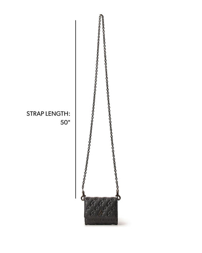 Black monogram gunmetal compact wallet on a chain with a 50-inch strap, perfect for stylish, hands-free convenience.