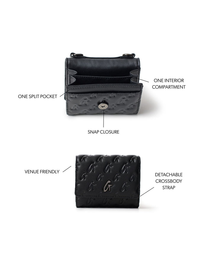 Black monogram gunmetal compact wallet on chain with snap closure, interior compartment, and detachable crossbody strap.