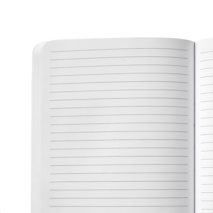 Open gray monogram notebook with lined pages, blank and ready for writing or note-taking.