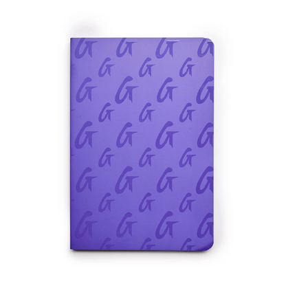 Purple monogram notebook featuring a stylish repeating logo pattern, perfect for notes and journaling.