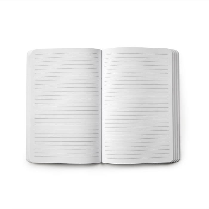 Open purple monogram notebook with lined white pages, blank for writing or note-taking.