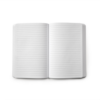 Open red monogram notebook with lined white pages, blank for writing or note-taking.