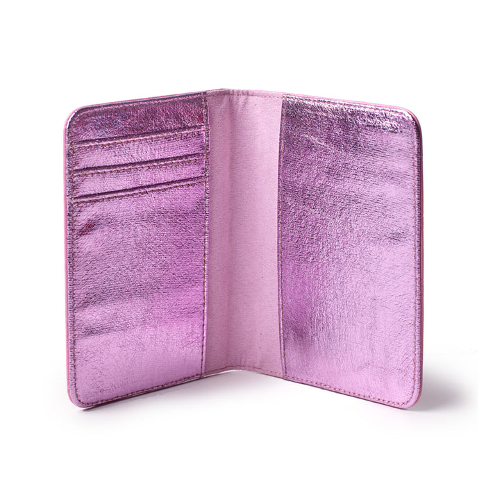 Mirror pink monogram passport holder open, showing multiple card slots and a sleek, shiny metallic finish.