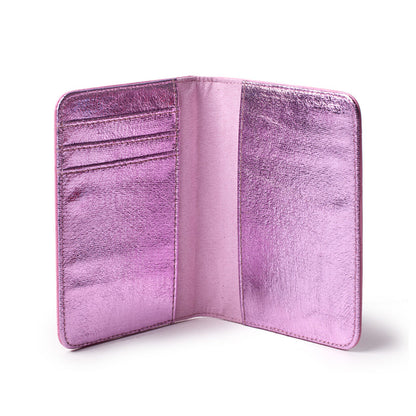 Mirror pink monogram passport holder open, showing multiple card slots and a sleek, shiny metallic finish.