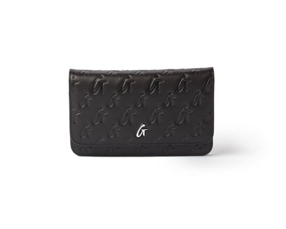Black Monogram Silver WOC wallet with embossed G pattern and a silver G logo on the front.
