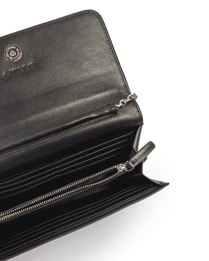 Black Monogram Silver Wallet on Chain (WOC) with multiple card slots, zip compartment, and silver chain detail.