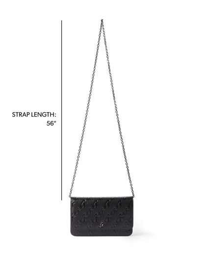 Elegant black monogram wallet on a chain with a 56-inch strap, perfect for stylish, affordable luxury.
