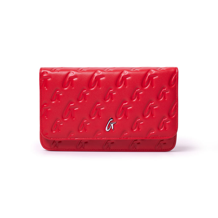 Red Monogram Silver WOC clutch with embossed G pattern and a small silver G logo on the front.