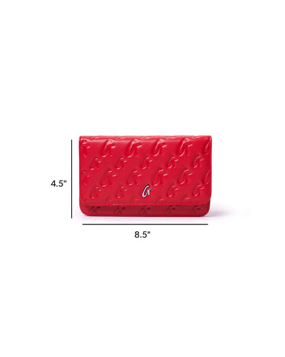 Red monogram wallet on chain featuring a sleek design, perfect for stylish, affordable luxury. Dimensions: 4.5" x 8.5".