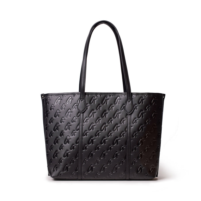 Black Monogram Sleek Tote bag with embossed logo pattern, dual shoulder straps, and structured design.