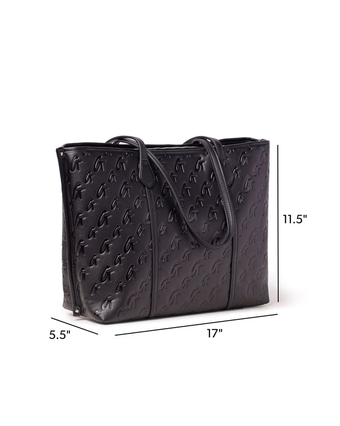 Sleek black monogram tote bag with embossed logo, spacious design, and stylish handles for everyday use.