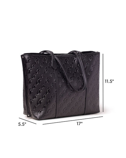 Sleek black monogram tote bag with embossed logo, spacious design, and stylish handles for everyday use.