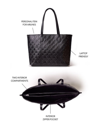 Black monogram sleek tote featuring a spacious interior, laptop-friendly design, and multiple compartments for organization.
