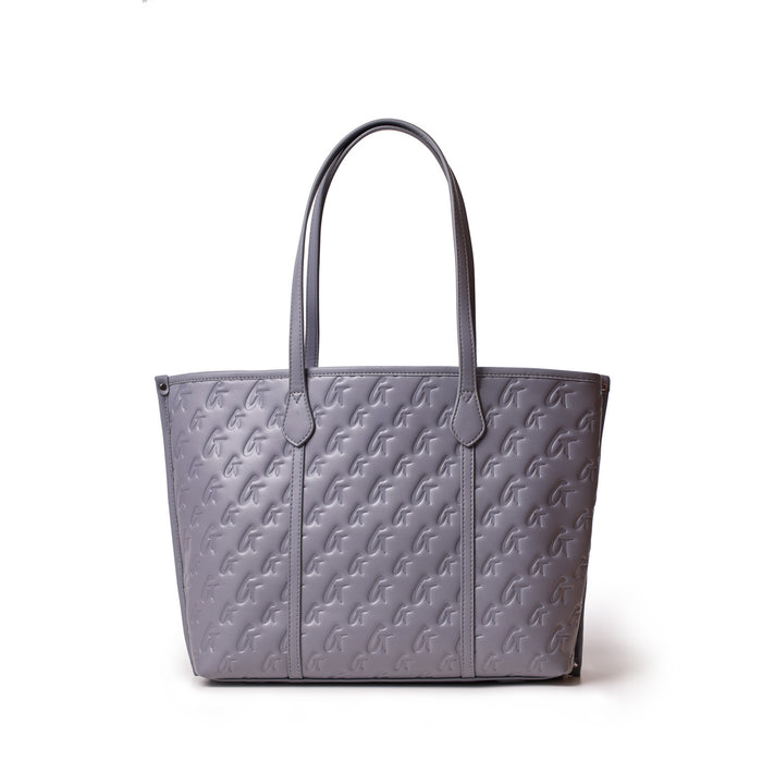 Gray Monogram Sleek Tote bag with embossed logo pattern and dual shoulder straps on a white background.