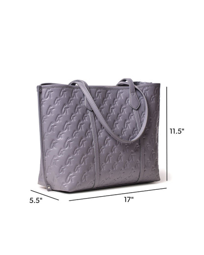 Gray monogram sleek tote bag with dual handles, measuring 17 inches wide and 11.5 inches tall, perfect for everyday use.