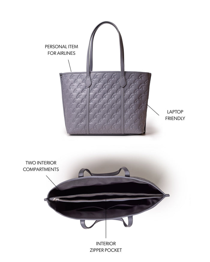 Gray monogram sleek tote with dual interior compartments and zipper pocket, ideal for laptops and travel.