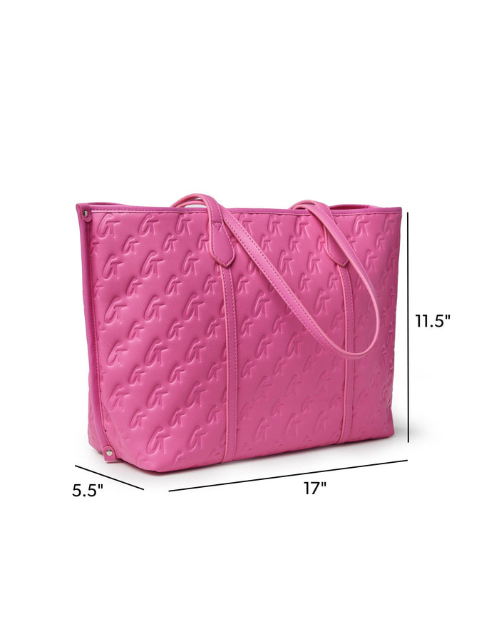 Hot pink monogram sleek tote with embossed design, featuring dual handles and spacious interior for stylish storage.