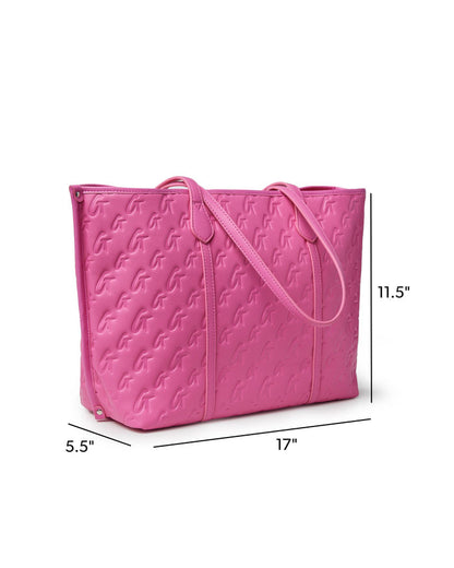 Hot pink monogram sleek tote with embossed design, featuring dual handles and spacious interior for stylish storage.