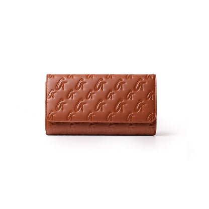 Brown Monogram Travel Wallet with embossed G logo pattern, sleek design, and spacious compartments for travel essentials.