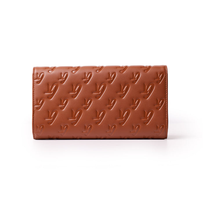 Brown Monogram Travel Wallet with embossed logo pattern, sleek design, and spacious compartments for travel essentials.