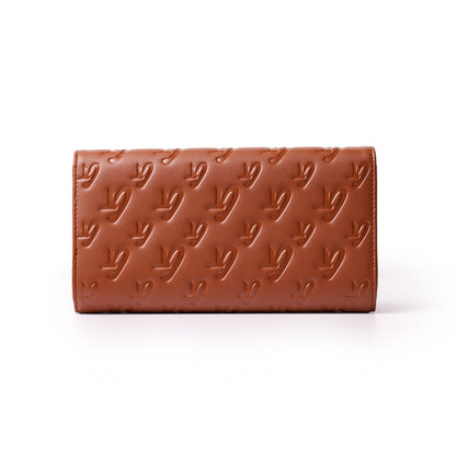 Brown Monogram Travel Wallet with embossed logo pattern, sleek design, and spacious compartments for travel essentials.