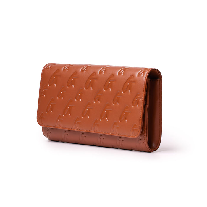 Brown Monogram Travel Wallet with embossed logo pattern, sleek design, and spacious interior for travel essentials.