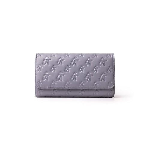 Gray Monogram Travel Wallet with embossed G pattern, sleek design, and fold-over flap for secure travel organization.