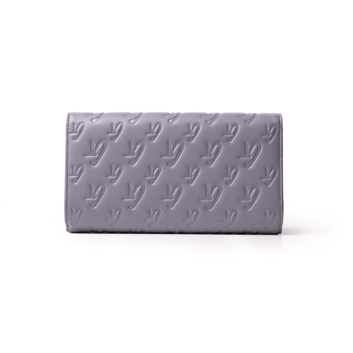 Gray Monogram Travel Wallet with embossed logo pattern, sleek design, and spacious compartments for travel essentials.