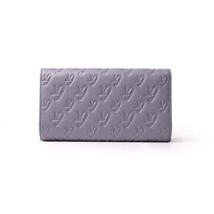 Gray Monogram Travel Wallet with embossed logo pattern, sleek design, and spacious compartments for travel essentials.