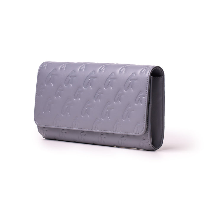 Gray Monogram Travel Wallet with embossed logo pattern, sleek design, and spacious interior for travel essentials.