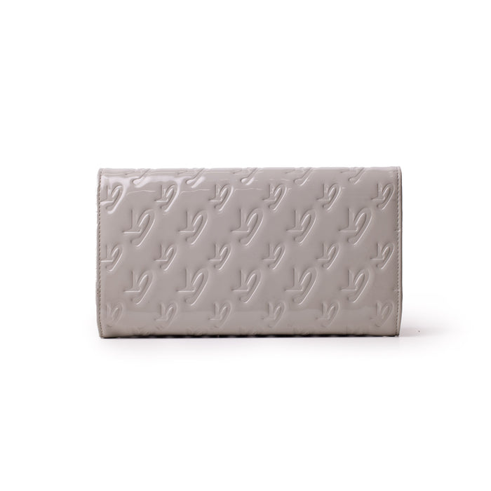 Mirror gray Monogram travel wallet with embossed logo pattern, rectangular shape, and sleek design.