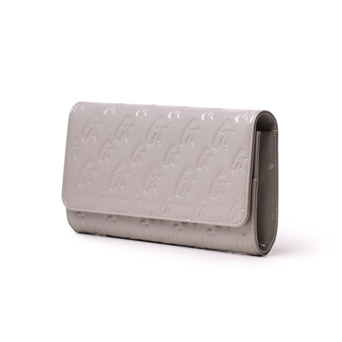 Mirror gray Monogram travel wallet with embossed G pattern, glossy finish, and sleek rectangular design.