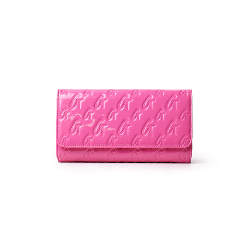 Mirror hot pink travel wallet with embossed monogram G pattern, glossy finish, and rectangular shape.