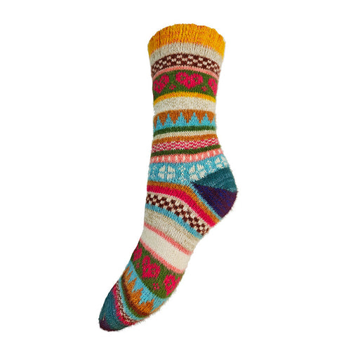 Multi coloured, orange cuff, Scandi patterned Cosy socks
