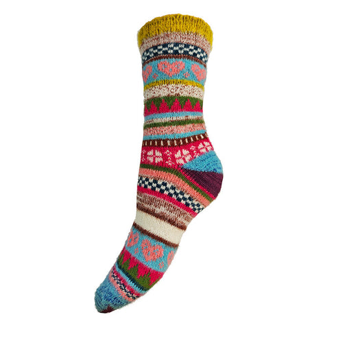 Multi coloured, yellow cuff, Scandi patterned Cosy socks