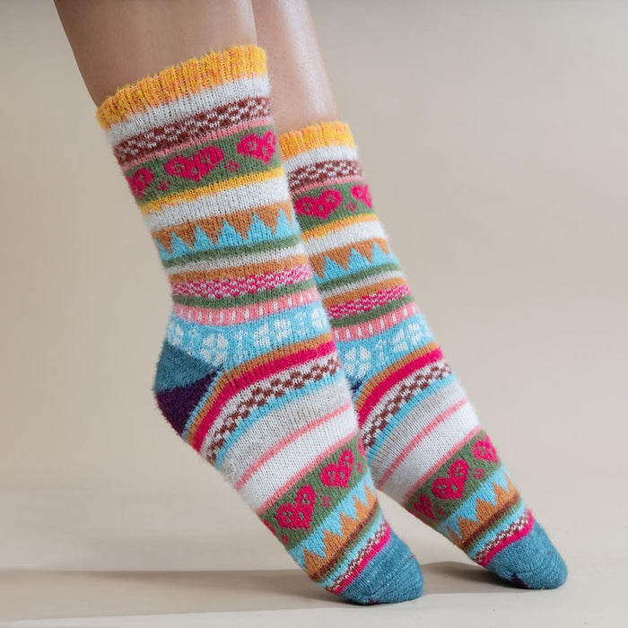 Multi coloured, yellow cuff, Scandi patterned Cosy socks