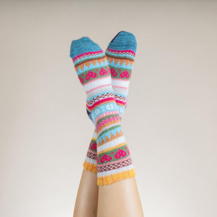 Multi coloured, yellow cuff, Scandi patterned Cosy socks