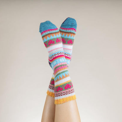 Multi coloured, yellow cuff, Scandi patterned Cosy socks