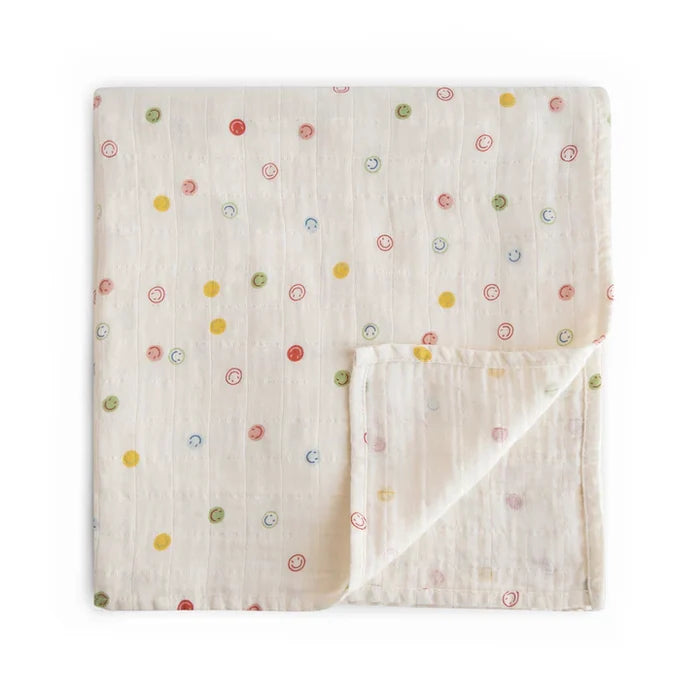 Mushie - Organic Cotton Muslin Swaddle in Smiley Face