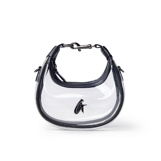Clear hobo bag with black accents and a stylish design, perfect for adding a touch of luxury to any outfit.