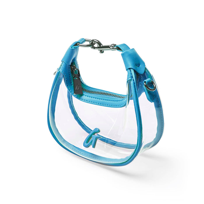 Clear hobo bag in Honolulu Blue with a sleek design and silver hardware, perfect for stylish, affordable luxury.