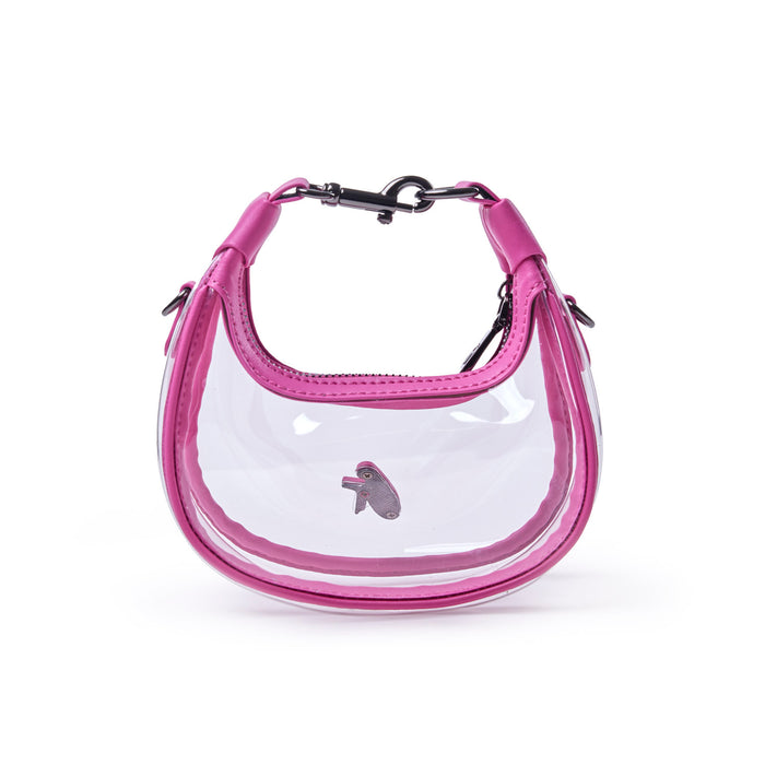 Hot pink NANO CLEAR HOBO BAG featuring a transparent body and stylish handle, perfect for a chic, modern look.