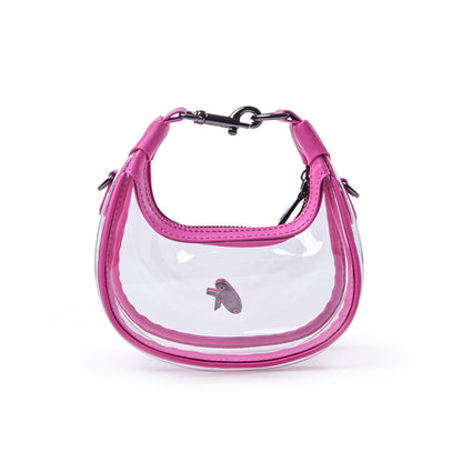 Hot pink NANO CLEAR HOBO BAG featuring a transparent body and stylish handle, perfect for a chic, modern look.