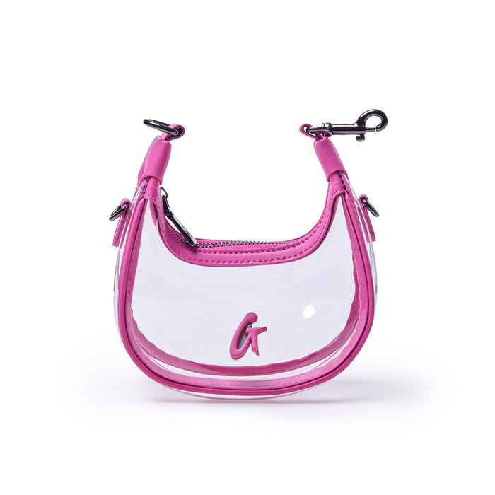 Clear hobo bag in hot pink with a stylish design and logo, perfect for adding a pop of color to any outfit.