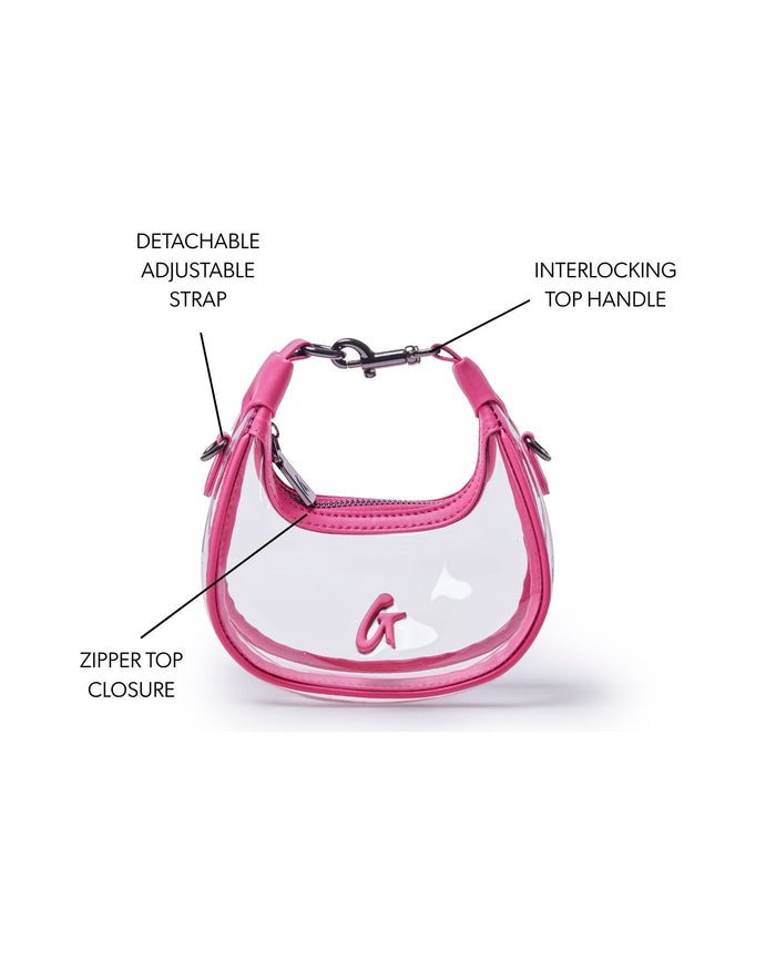 Hot pink NANO CLEAR HOBO BAG featuring a detachable adjustable strap, interlocking top handle, and zipper closure.